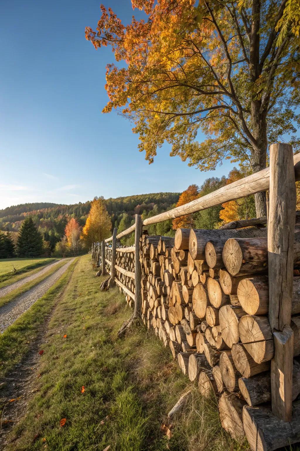 Transform your space with a stunning firewood fence that combines practicality with rustic elegance.