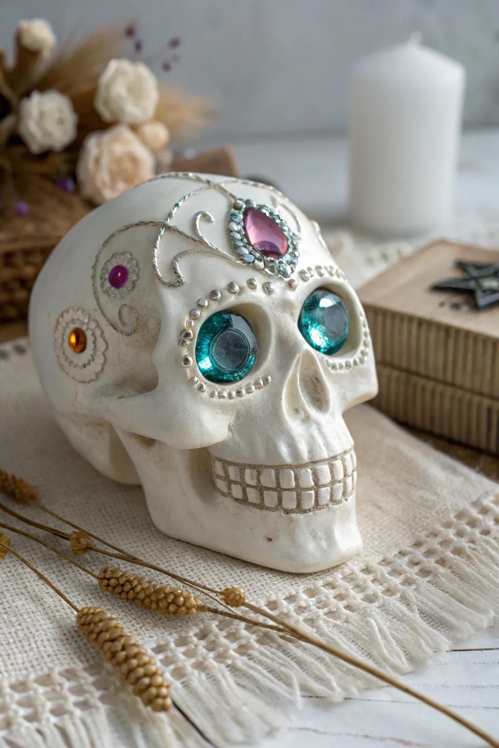 Enchanting Elegance: Let your creativity shine with gemstone eyes on your sugar skull masterpiece.