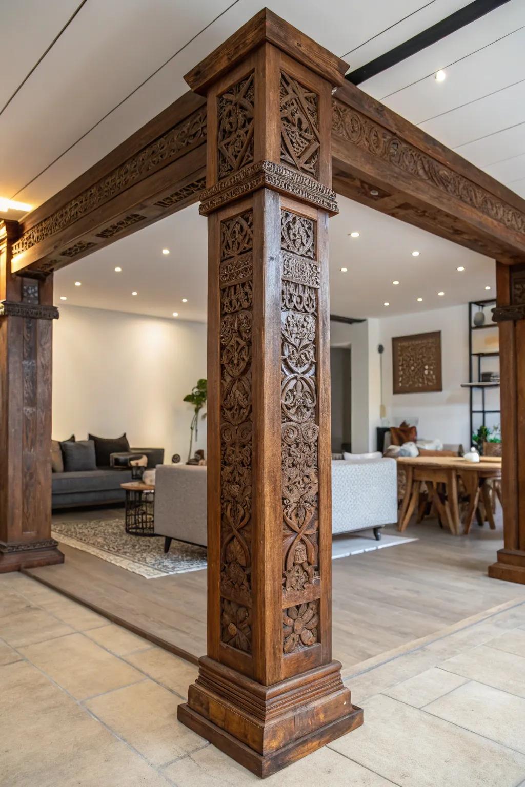 Transform your space with the artistry of handcrafted beams, perfect for defining open spaces with style.