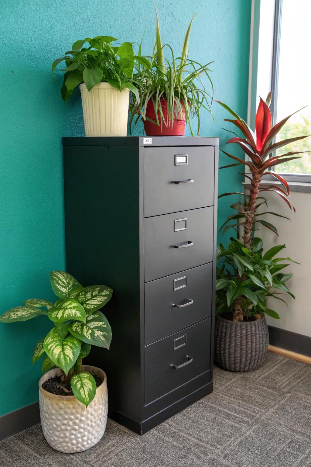 Add a touch of nature to your workspace: transform your filing cabinet with bold greenery.