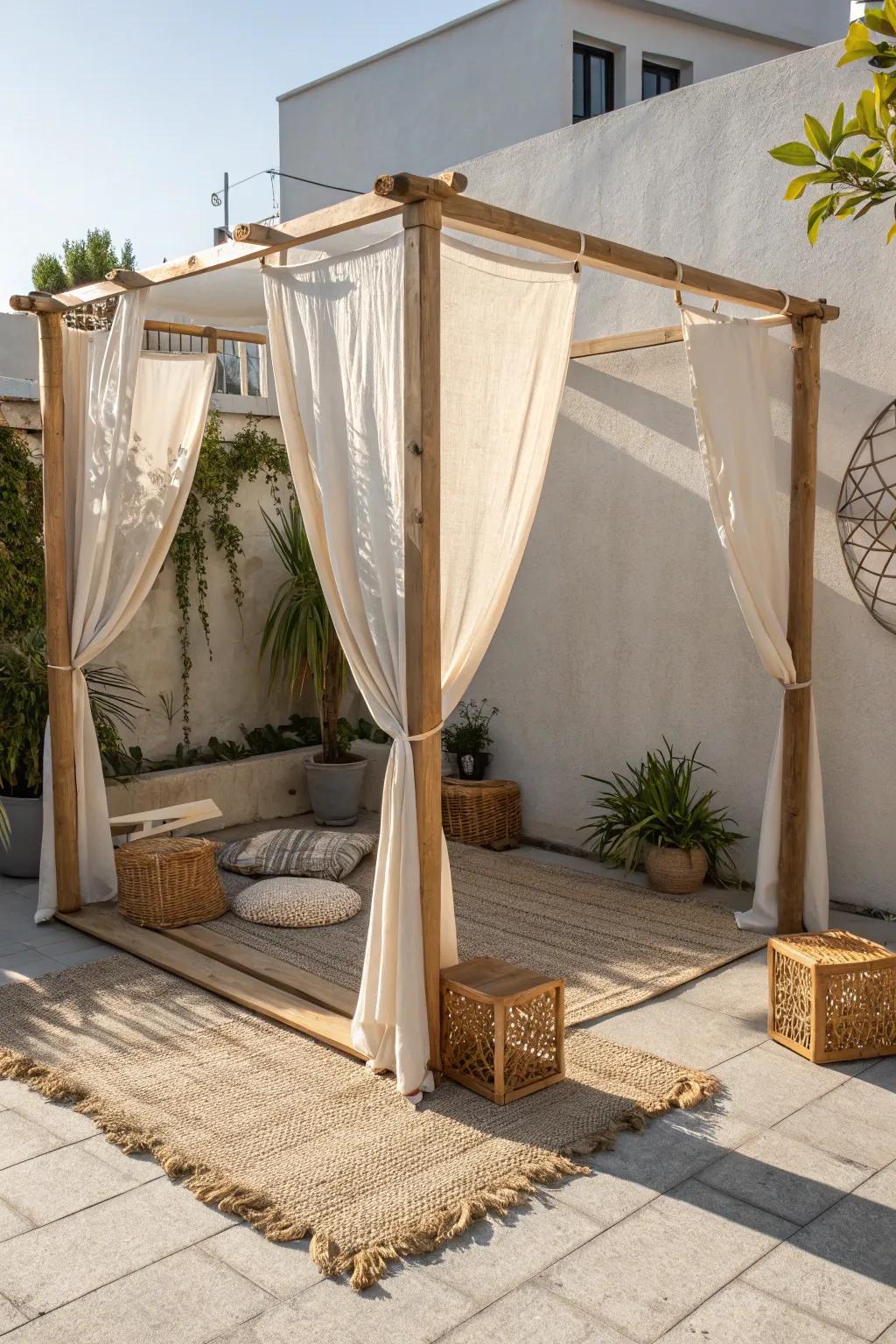 Create a cozy outdoor retreat with a stylish, temporary canopy that blends Scandinavian simplicity with Boho charm.