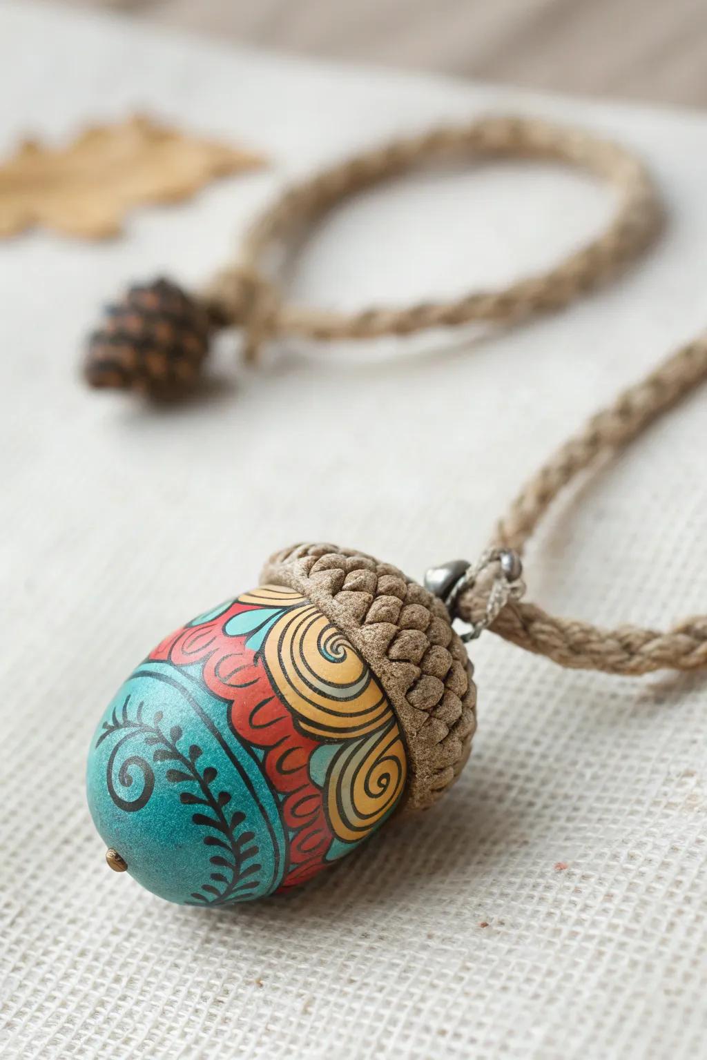 Crafted elegance: A vibrant acorn necklace that blends nature with playful creativity.