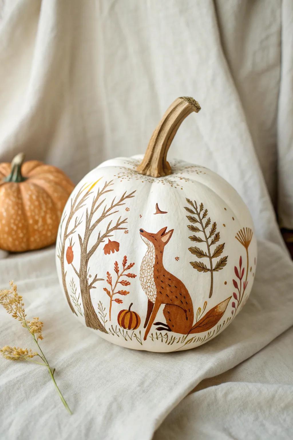 Embrace the forest's charm with this beautifully painted woodland animal pumpkin. Perfect for a cozy, minimalist Thanksgiving decor.