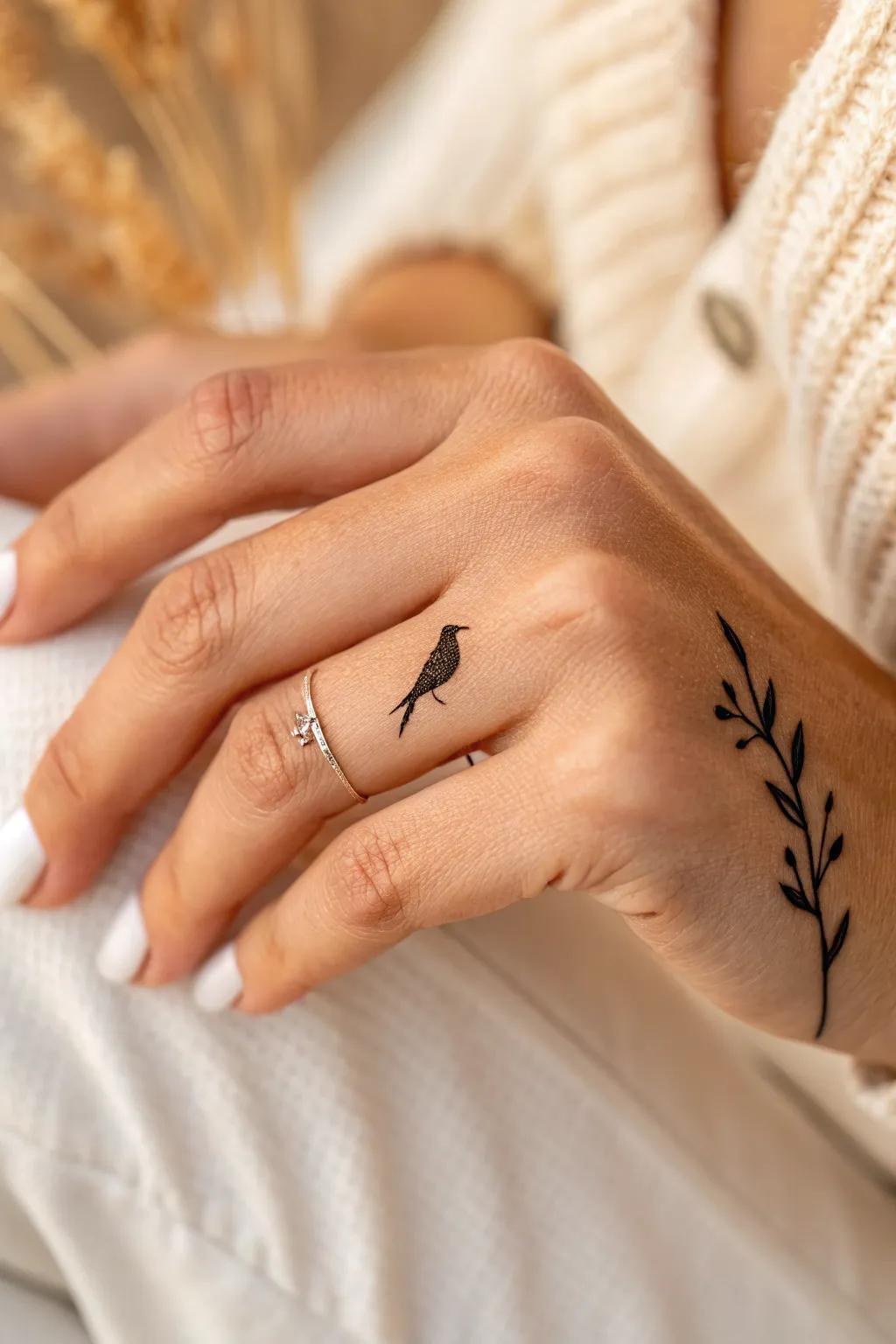Delicate artistry: A minimalist bird silhouette adds charm and elegance to any hand.