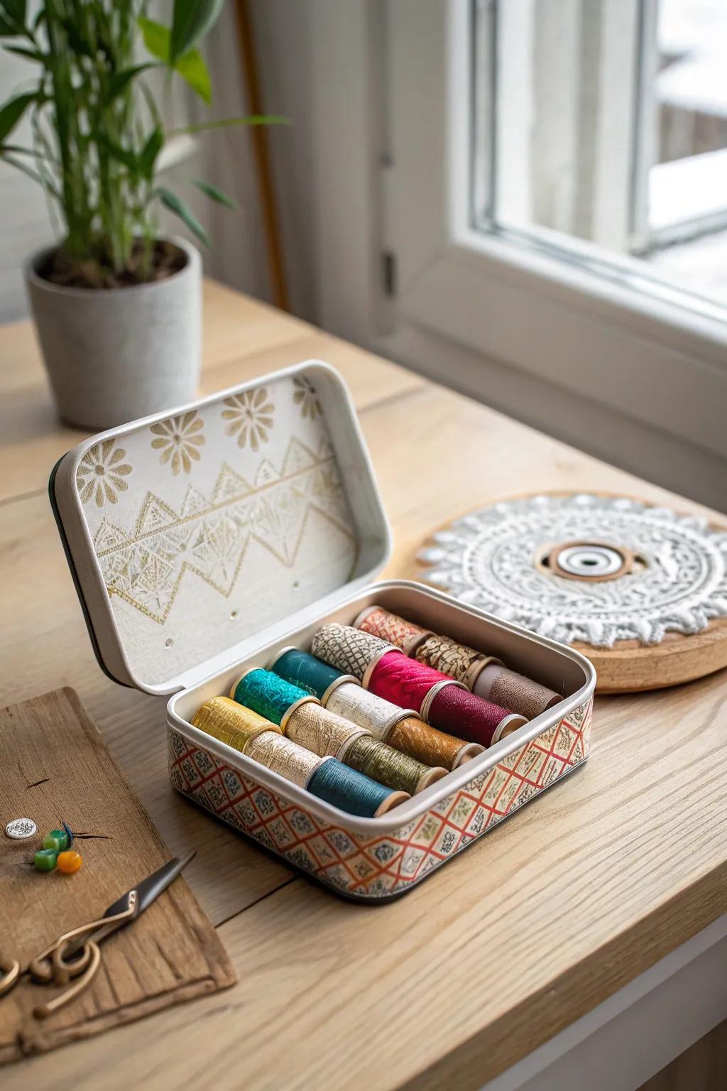 Discover the charm of repurposing with this vibrant thread organizer hidden inside a vintage tin.