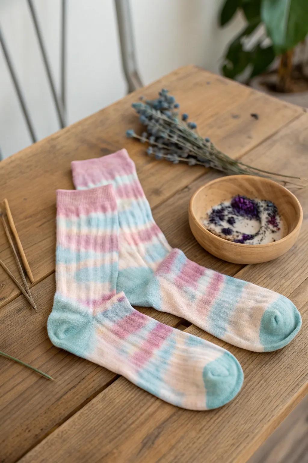 Add a pop of color to your day with these beautifully tie-dyed socks - the perfect blend of craftsmanship and charm!