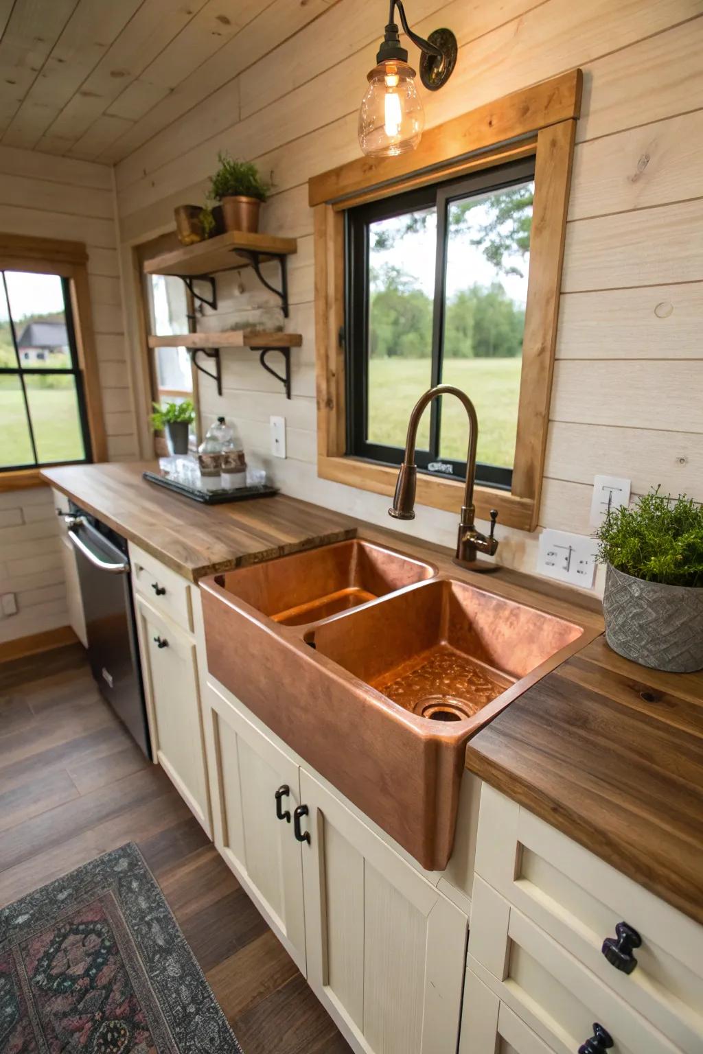 A beautiful copper sink adding warmth to a tiny house kitchen.
