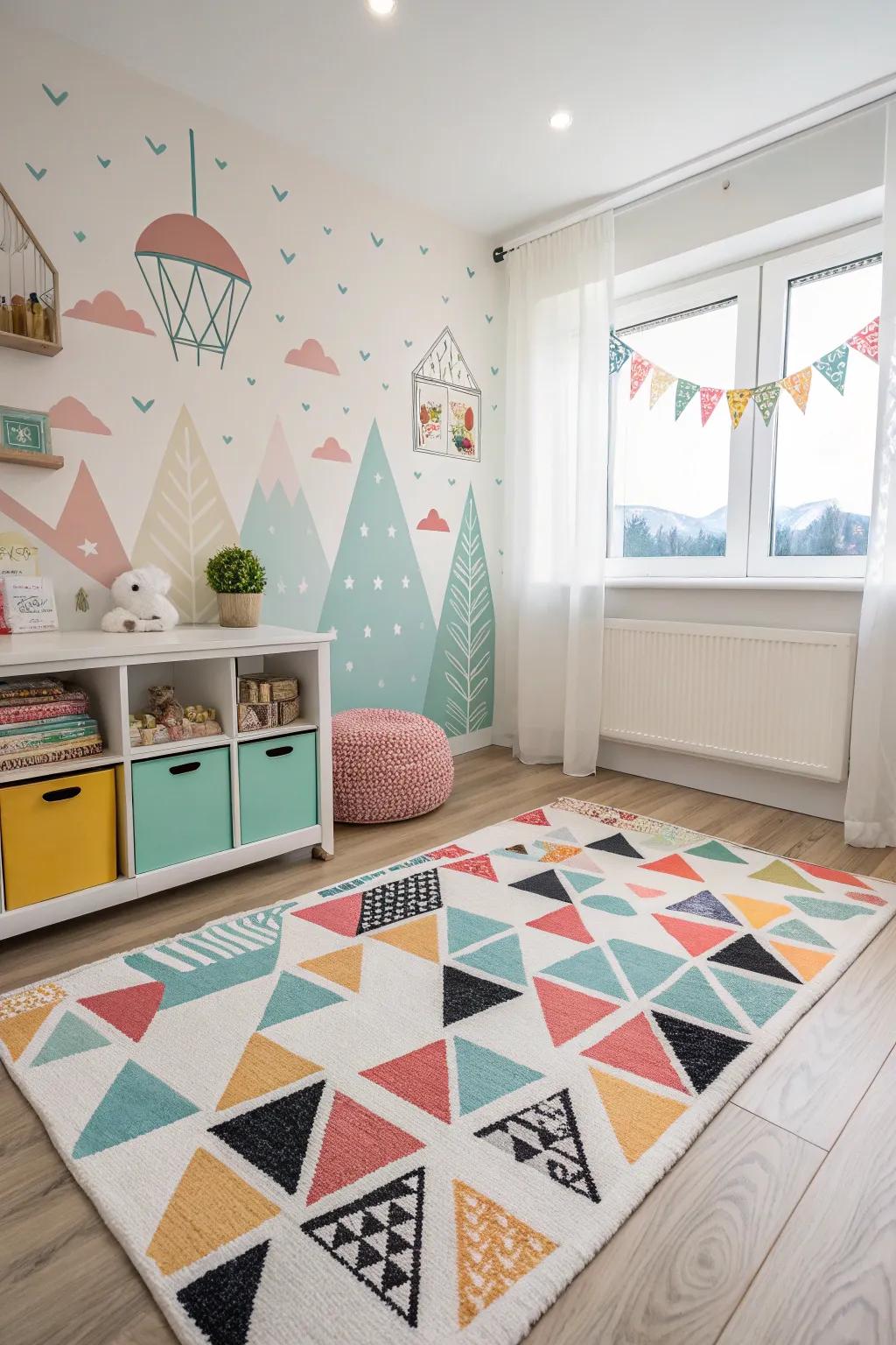Geometric patterns add a contemporary flair to the room.