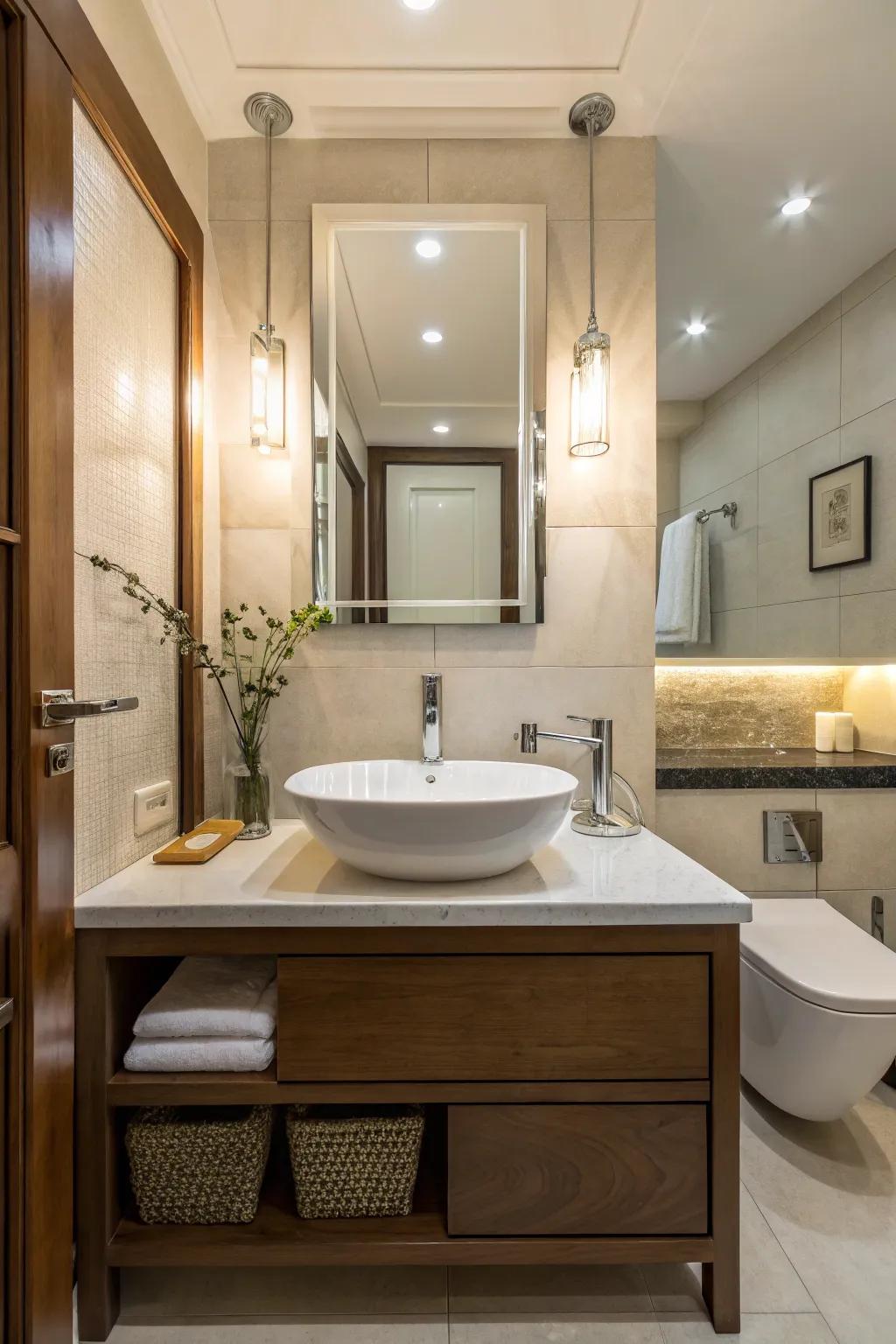 Stylish and unique fixtures enhancing a toilet room.