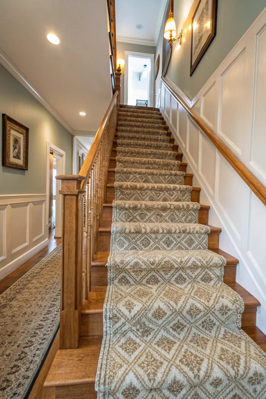 A textured carpet runner adds warmth and style to the staircase.