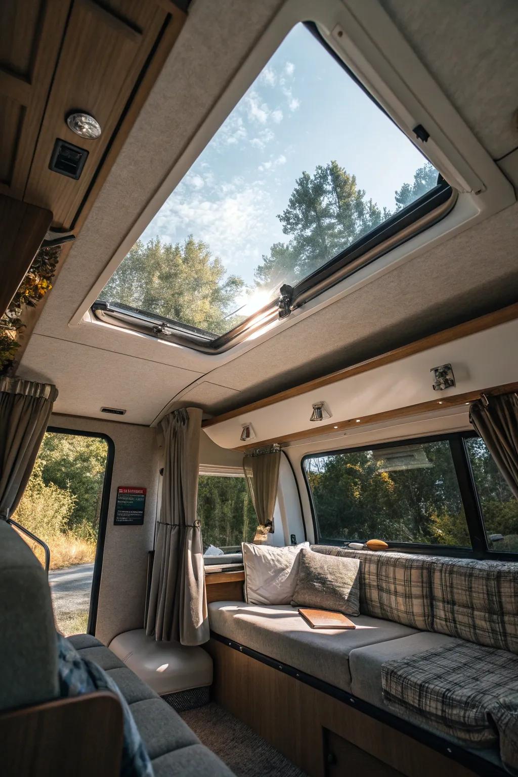 A travel trailer with a skylight, enhancing natural light and offering beautiful outdoor views.