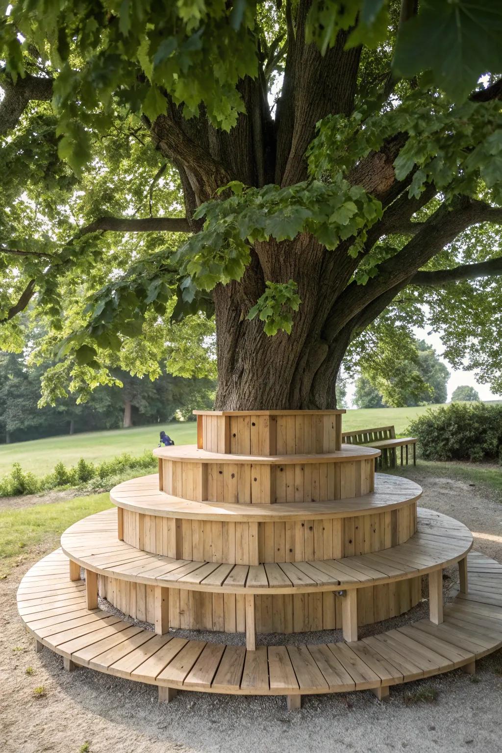 Embrace outdoor elegance with a multi-level bench that invites family fun and relaxation.