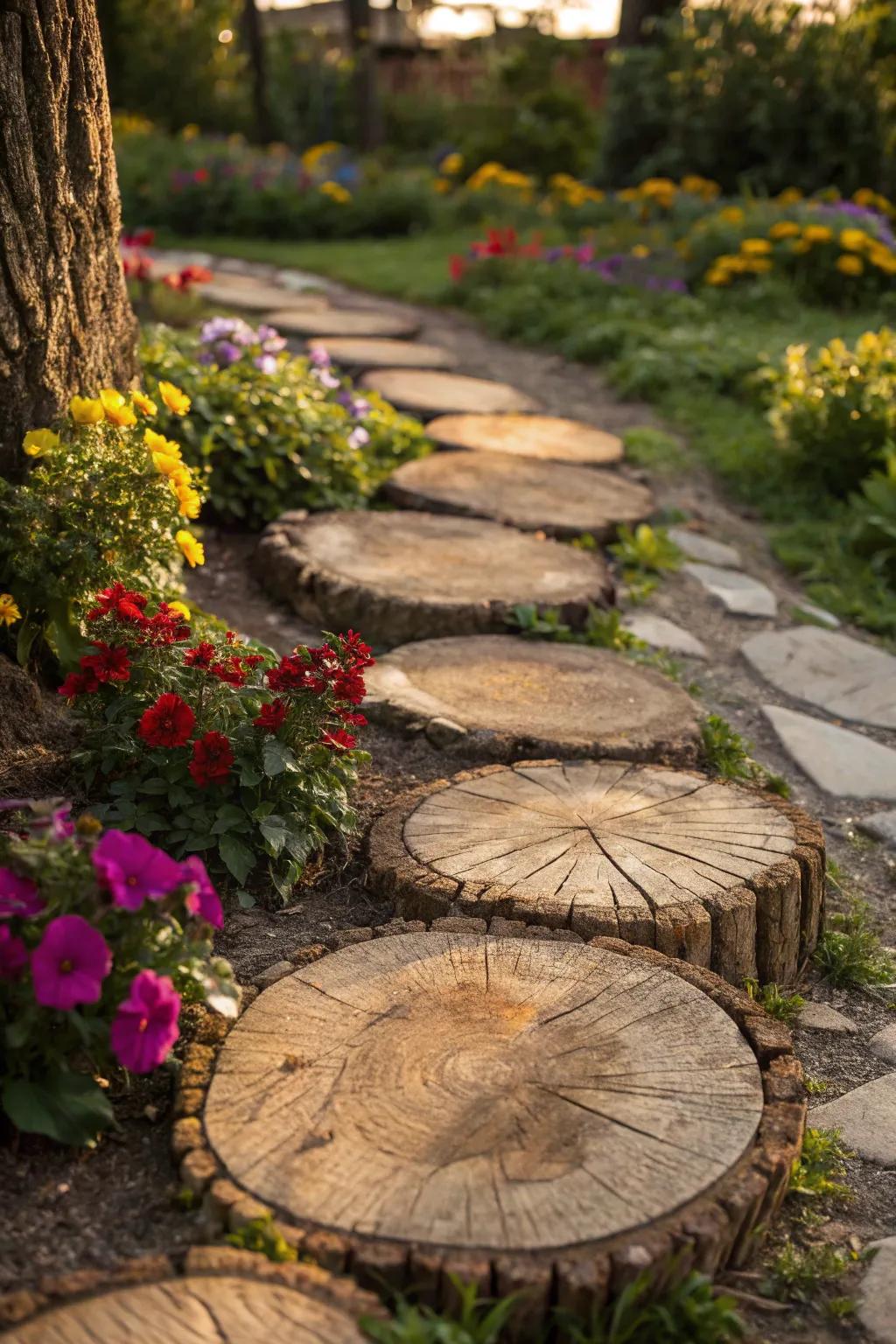 Step into rustic charm with this handcrafted log path, perfect for adding character to any garden.