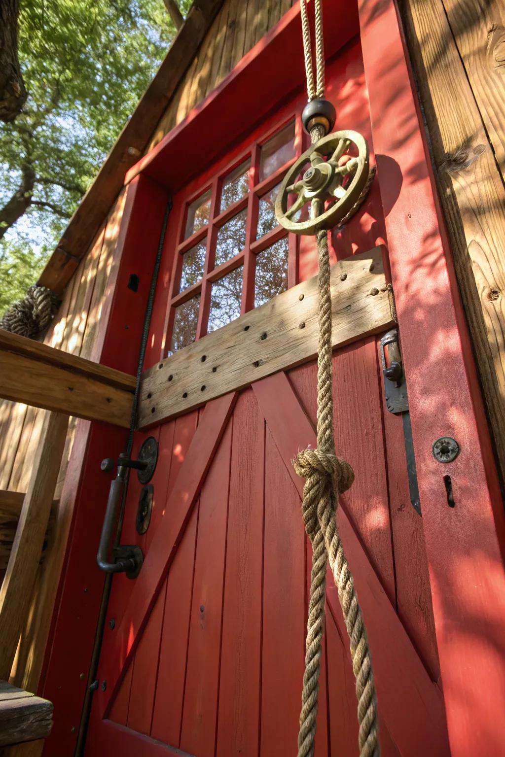 Unlock the fun: A bold treehouse entrance with a classic rope and pulley twist!