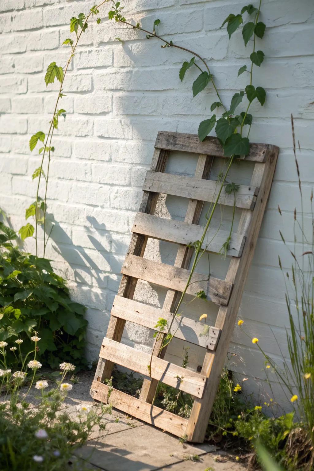 Elevate your garden with a chic and eco-friendly pallet trellis; where simplicity meets natural beauty.