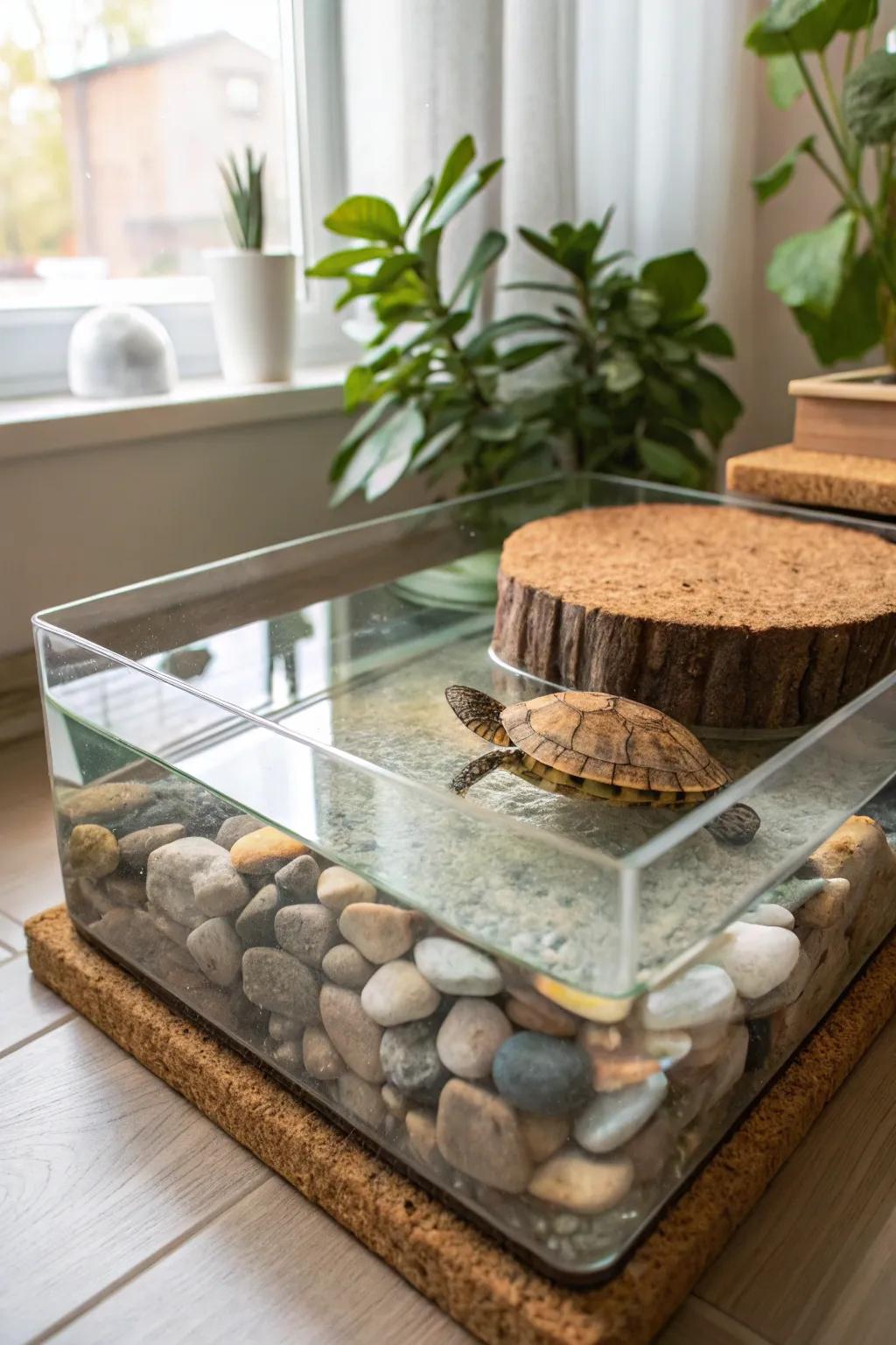 Embrace simplicity with a handcrafted cork basking area – a serene paradise for your turtle.