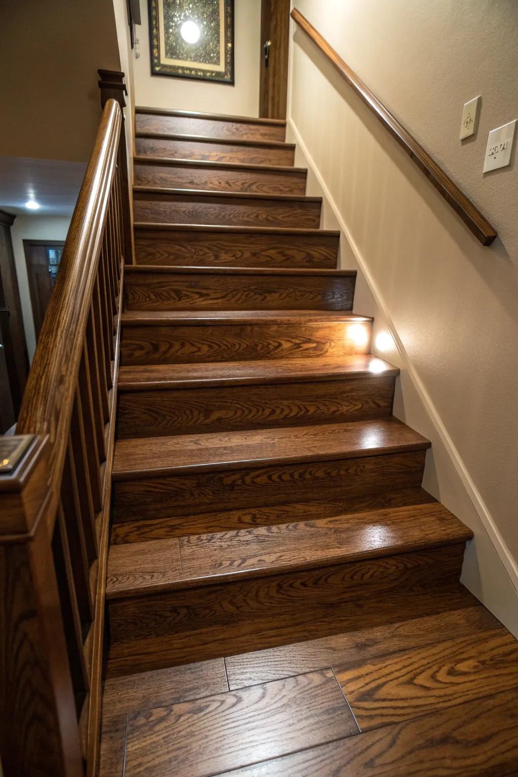 Transform your basement stairs with the durability and elegance of vinyl flooring, where craftsmanship meets contemporary style.