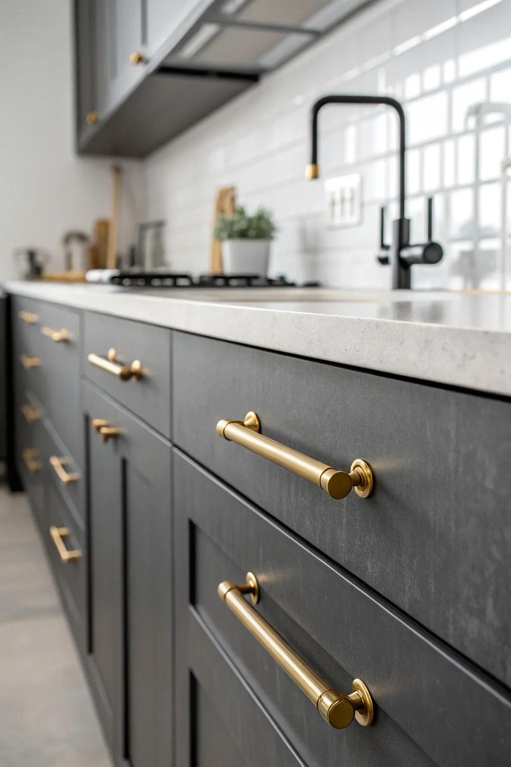 Industrial elegance with brass pipe pulls.