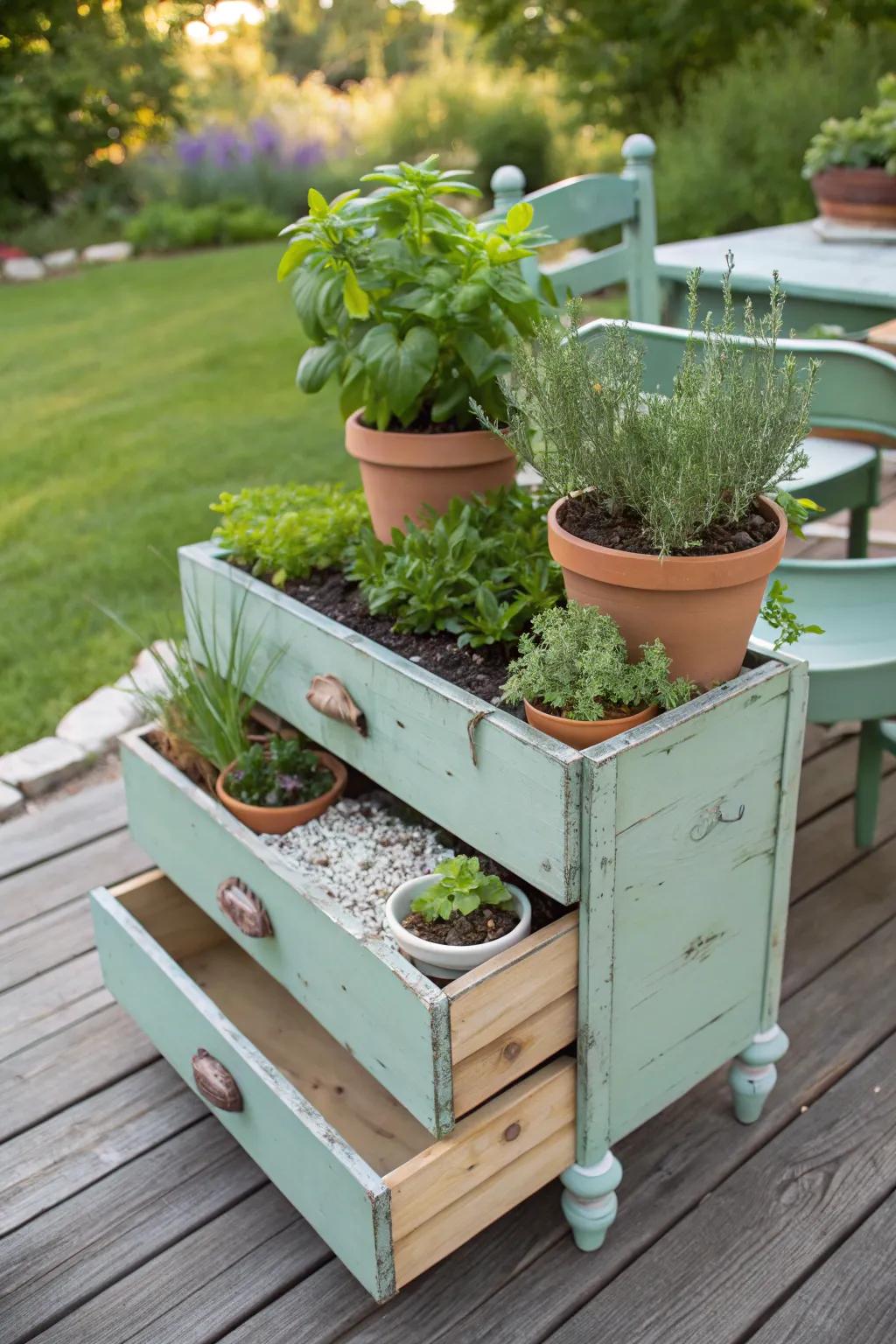 Transform an old drawer into a charming tiered herb garden for your outdoor space!