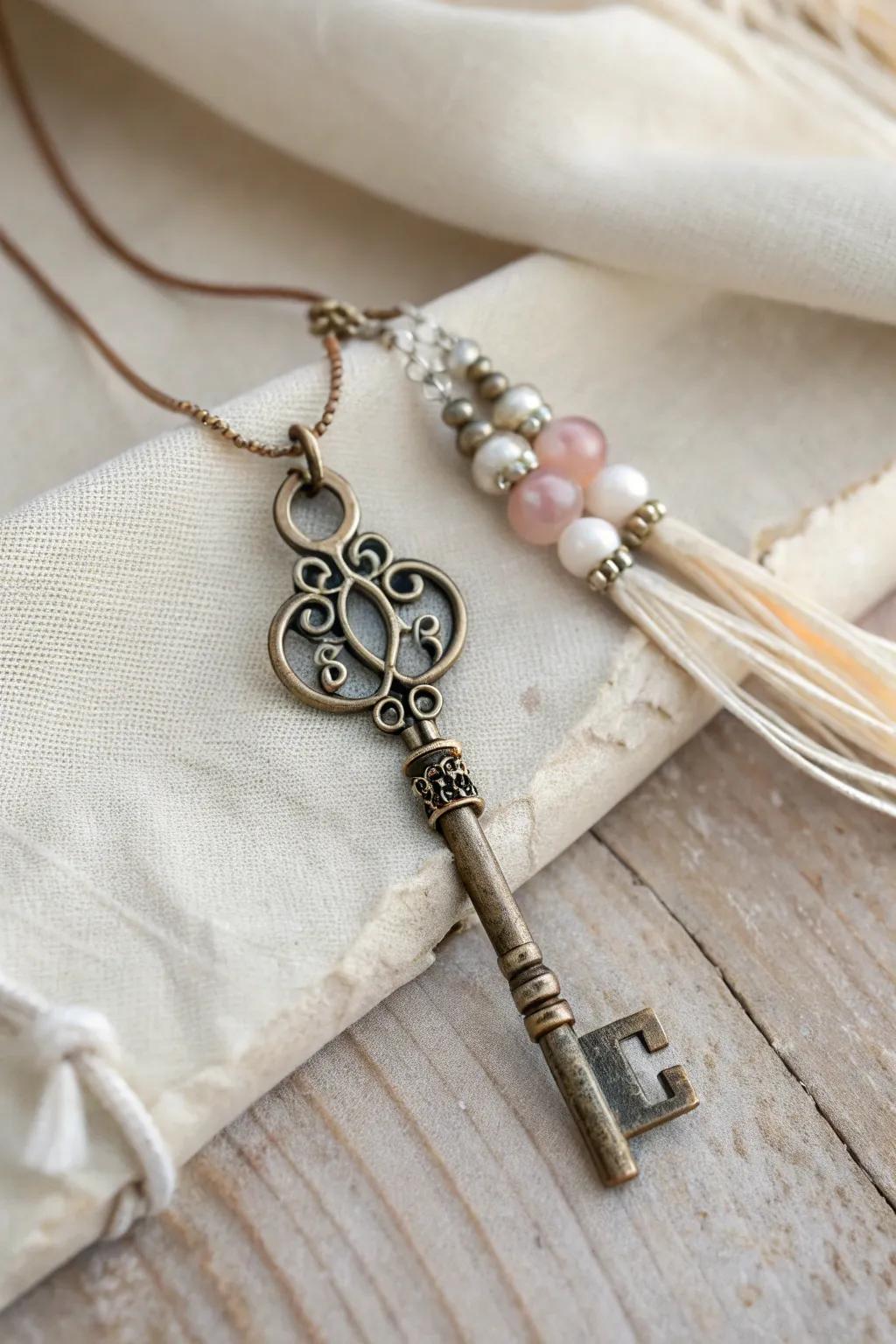 Unlock the charm of upcycling with this whimsical skeleton key pendant.