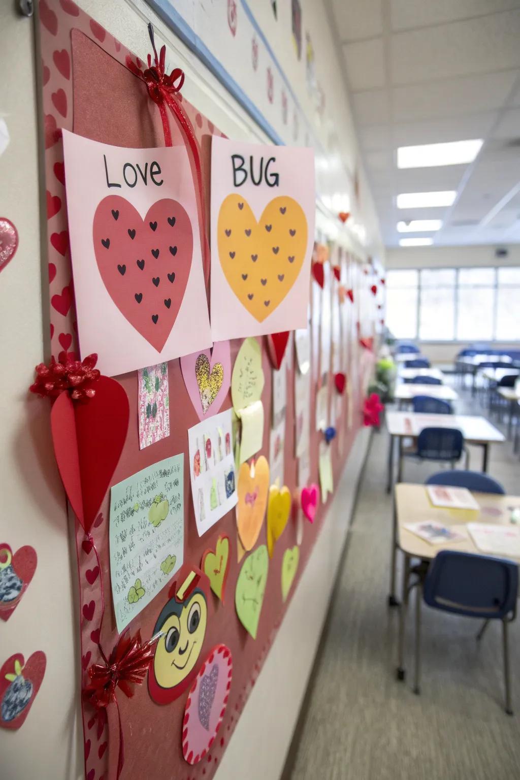 A bulletin board buzzing with love and cuteness.