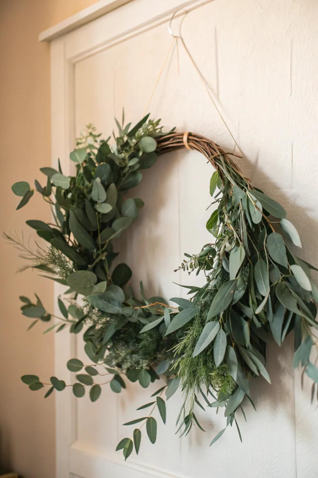 Embrace simplicity with this elegant eucalyptus wreath, perfect for a touch of natural beauty in your home decor.