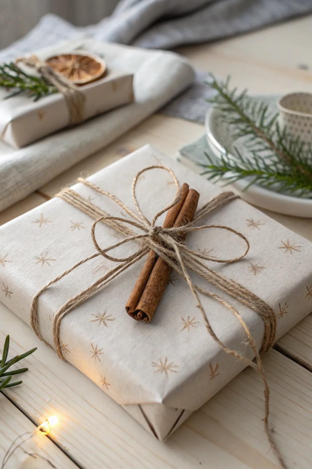 Add a touch of warmth and elegance to your gifts with a simple cinnamon stick charm. Perfect for a festive, fragrant finish!