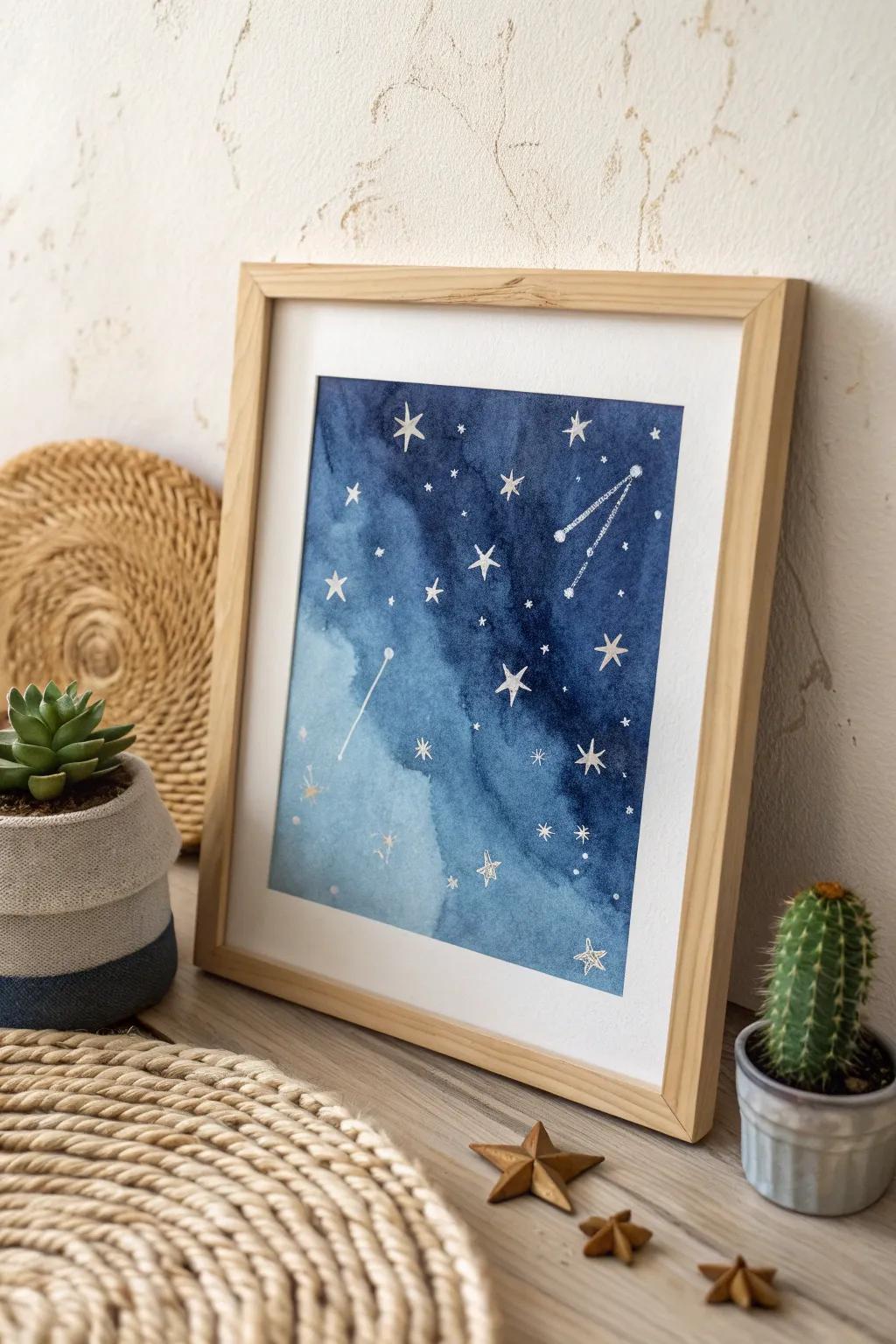 Embrace the wonder of a starry night with this captivating minimalist watercolor painting.
