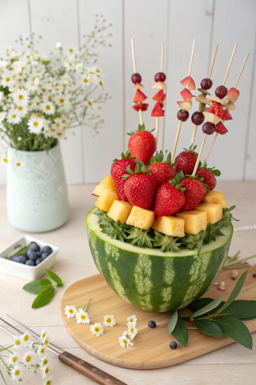 Elevate your table setting with a stunning fruit flower arrangement, where nature's sweetness meets artistry.