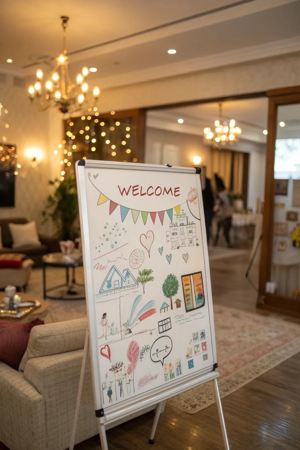 Thematic illustrations enhancing a whiteboard welcome message.