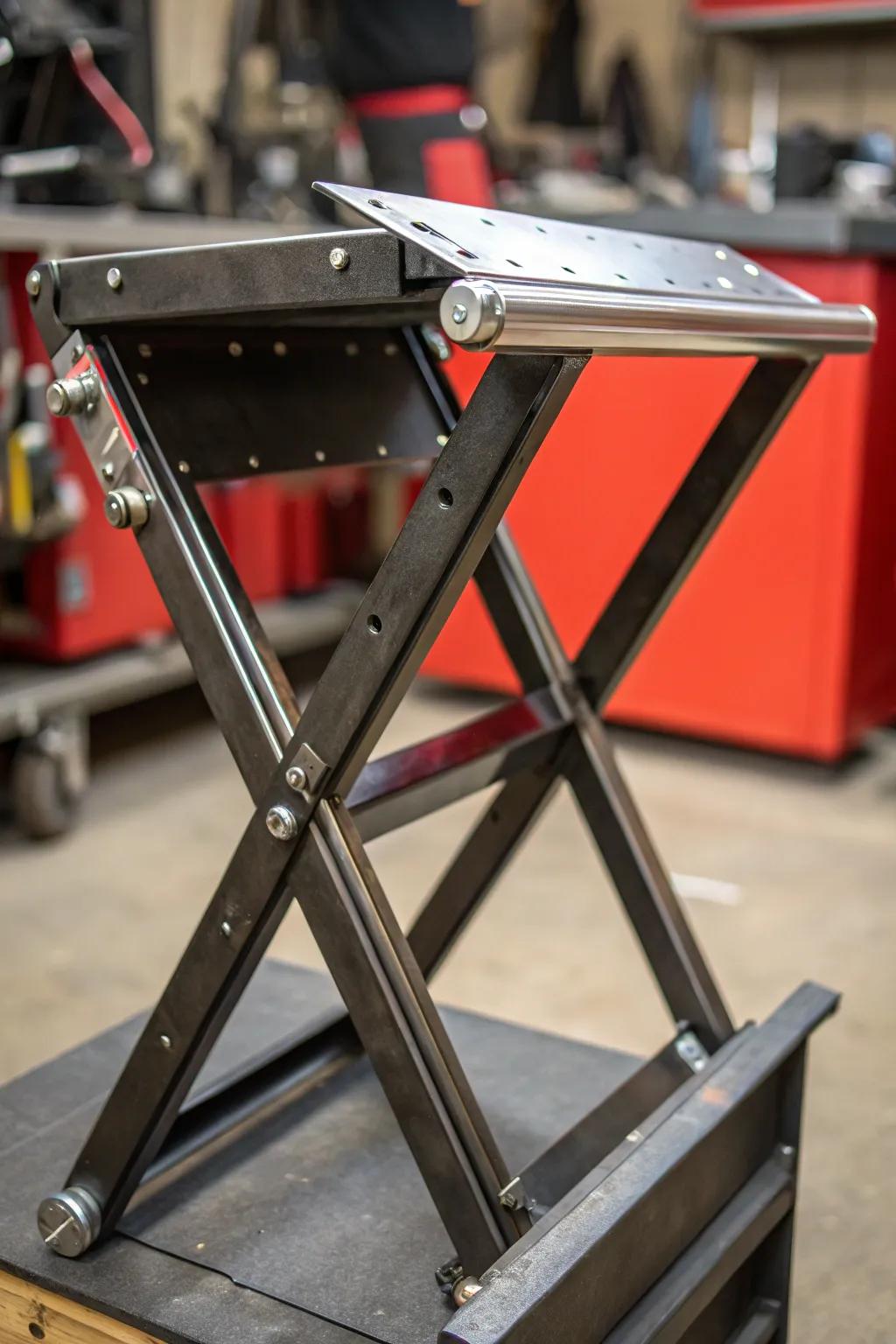 Ingenious Craftsmanship: A foldable welding stand that combines space-saving design with industrial elegance.
