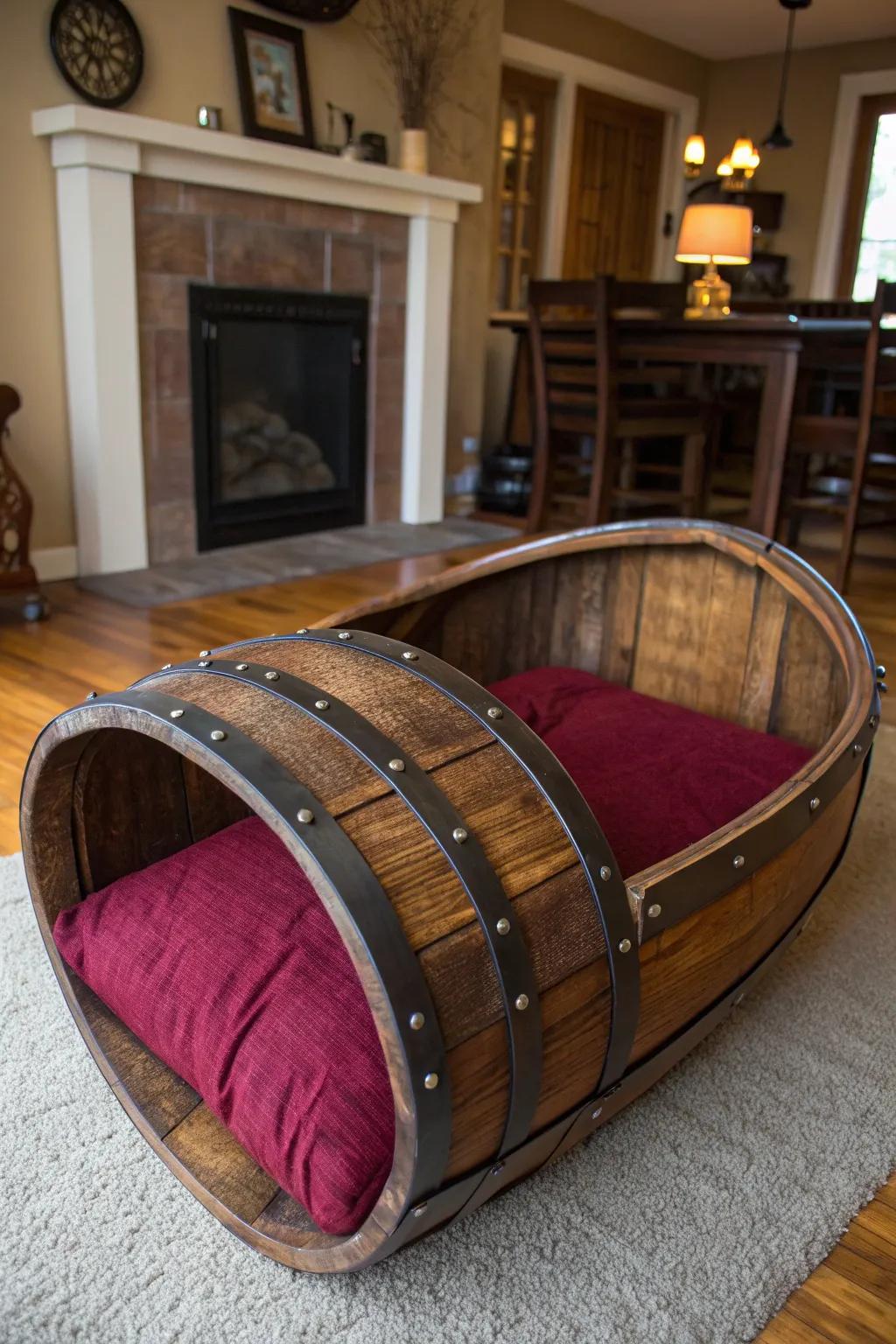 Elevate your pup's comfort with this bespoke wine barrel dog bed—where craftsmanship meets coziness.