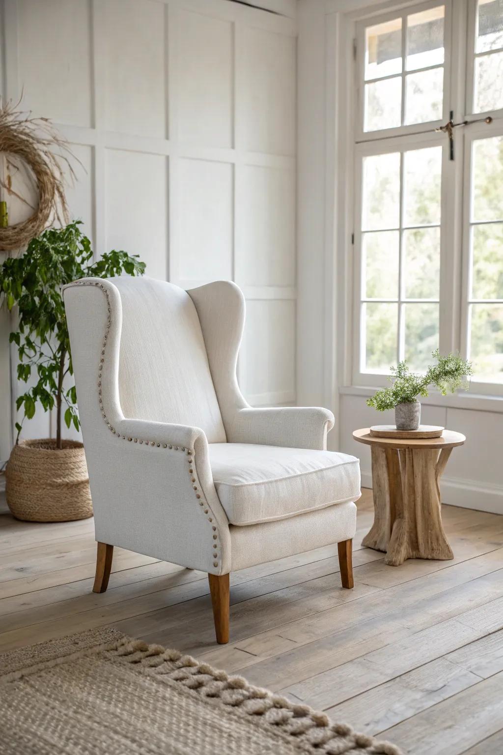 Discover the elegance of monochrome magic with this stunning white wingback chair, a perfect blend of minimalist and Boho styles.