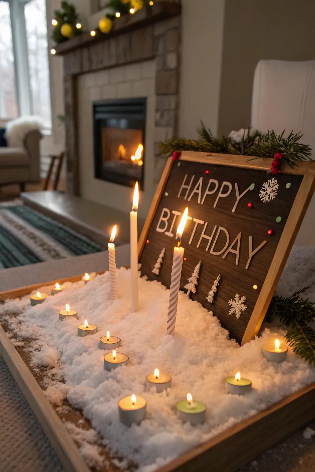 Add a cozy glow with candles nestled in snow.