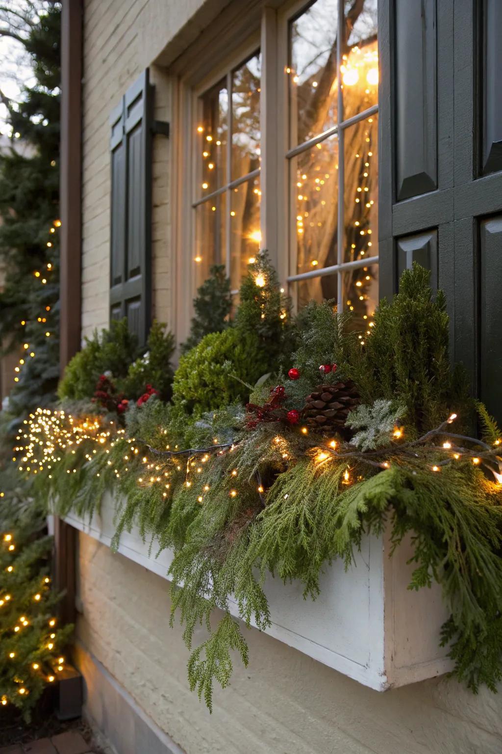 Twinkling lights make your window box glow with festivity.
