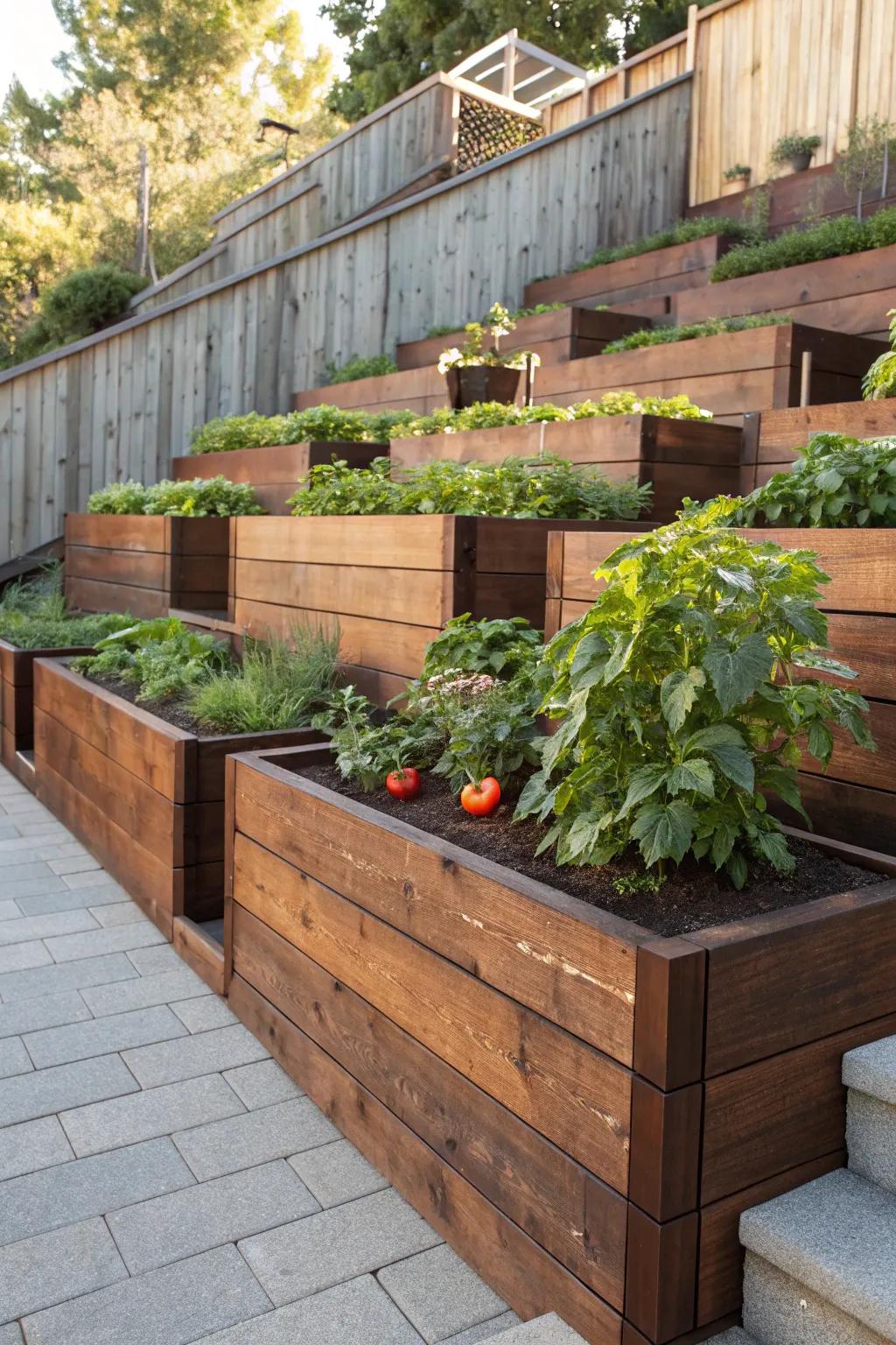 Transform your slope with stunning tiered wood walls for a flourishing veggie haven.