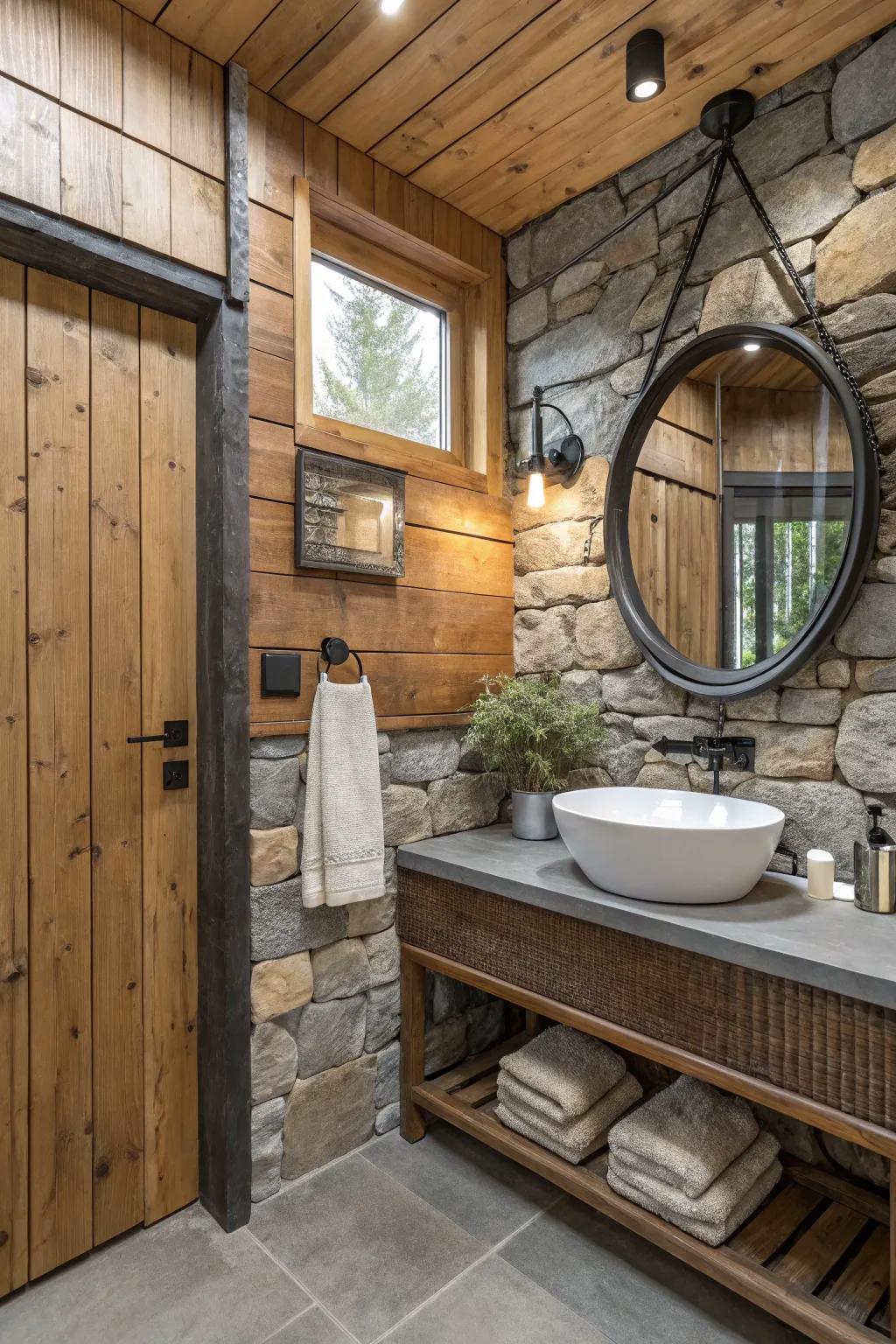 A dynamic mix of wood, stone, and metal in a stylish bathroom.