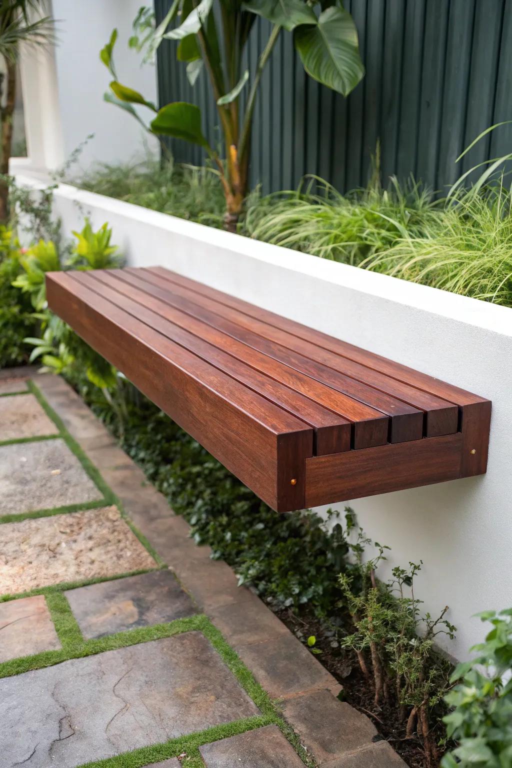 Elevate your outdoor space with the elegance of a floating wooden bench.