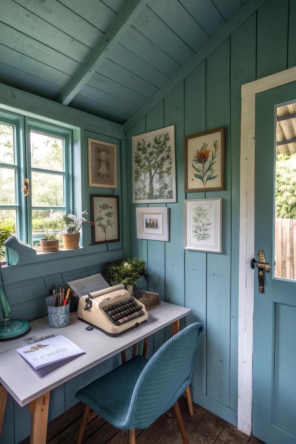 A serene writing shed interior with a calming color scheme.