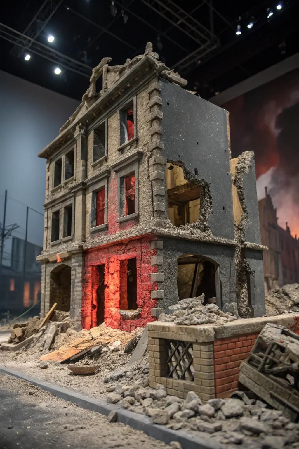 Experience the artistry of wartime ruins: A striking diorama capturing the aftermath of WW2 battles.
