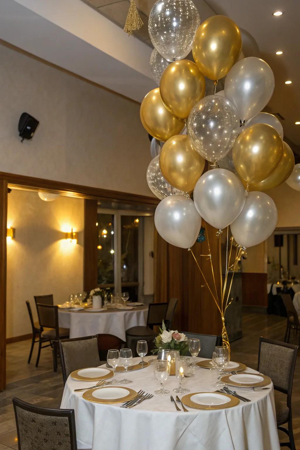 A whimsical balloon canopy creating a festive dining atmosphere.