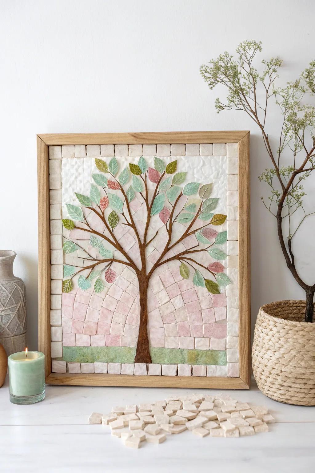 Embrace the beauty of simplicity with this stunning tissue paper tree mosaic, where art meets nature.