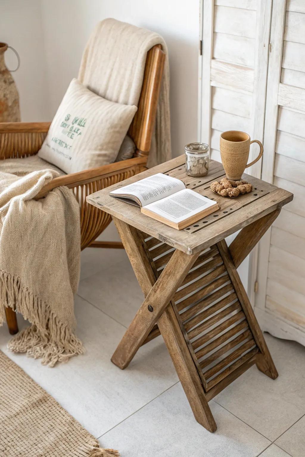 Elevate your reading nook with this chic shutter side table, blending Scandinavian minimalism with Boho charm.