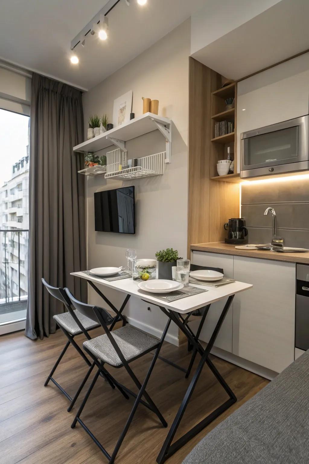 A foldable dining table adds versatility to your compact studio living.