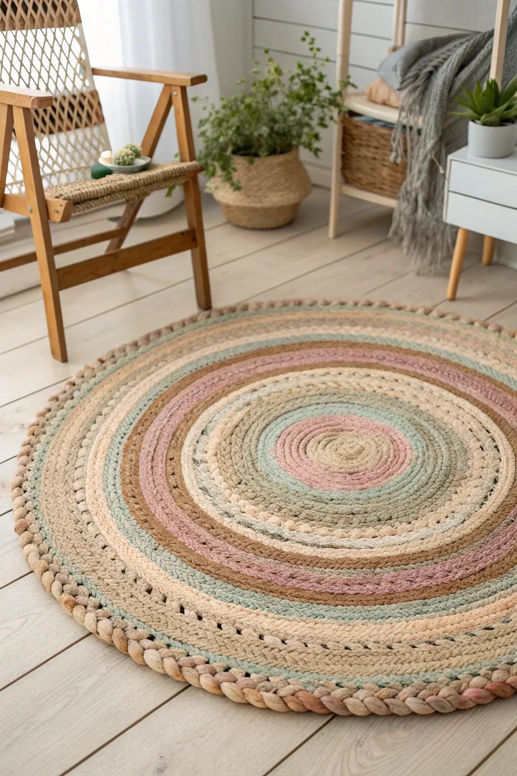 Transform your leftover fabric scraps into a breathtaking centerpiece for your home with this handcrafted rug.
