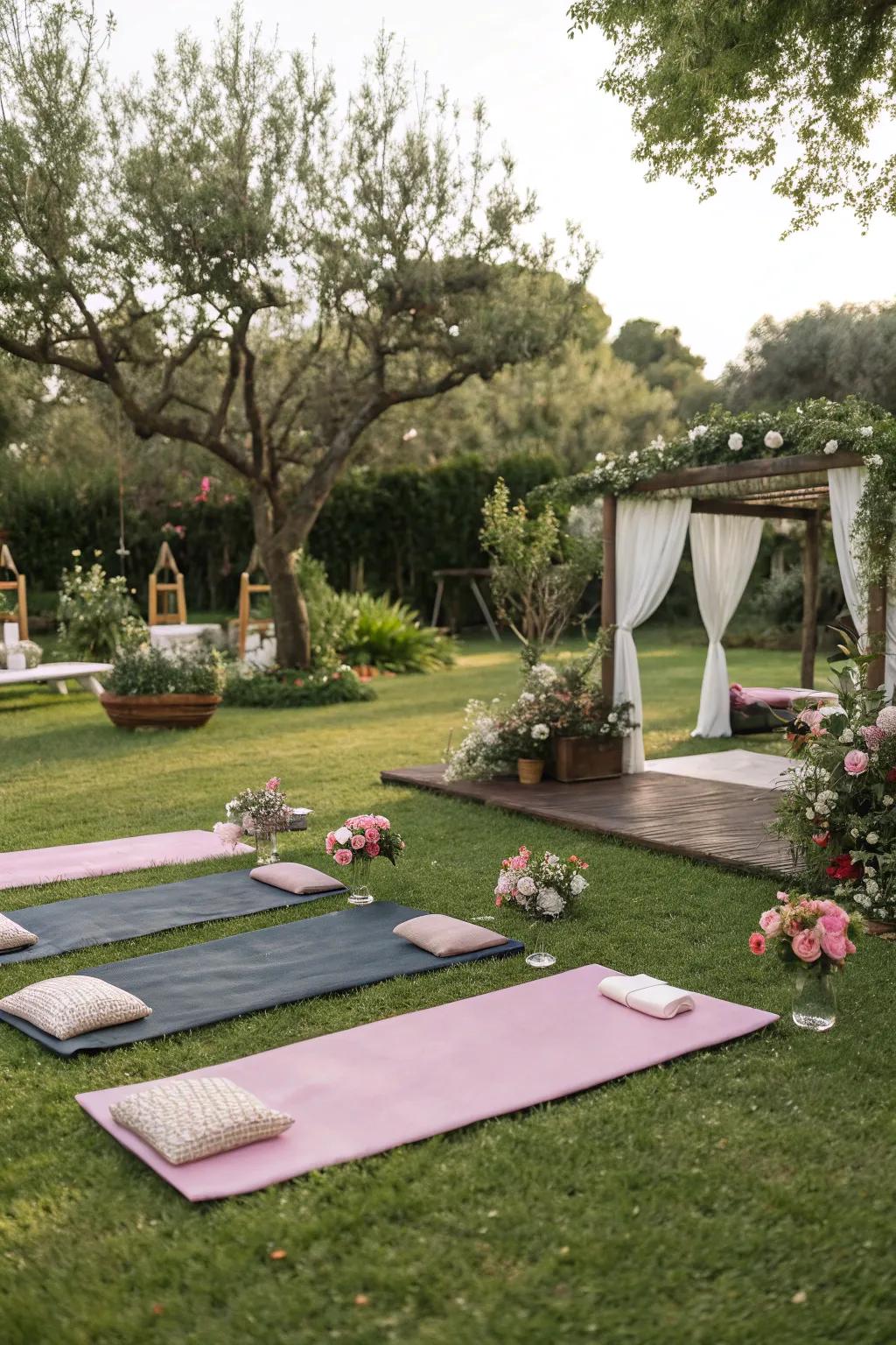 A serene garden yoga retreat setup for relaxation.