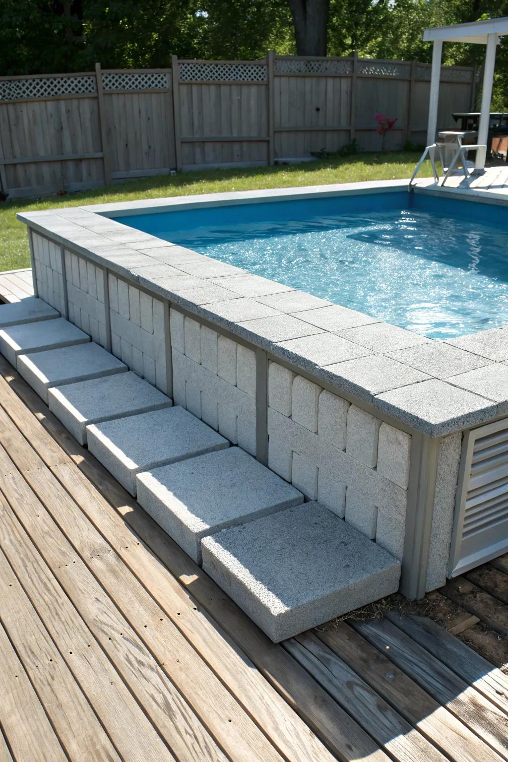 Transform your poolside with budget-friendly concrete block designs for a sleek and modern look.