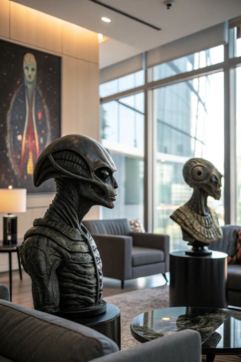 Alien sculptures adding a touch of the extraordinary.