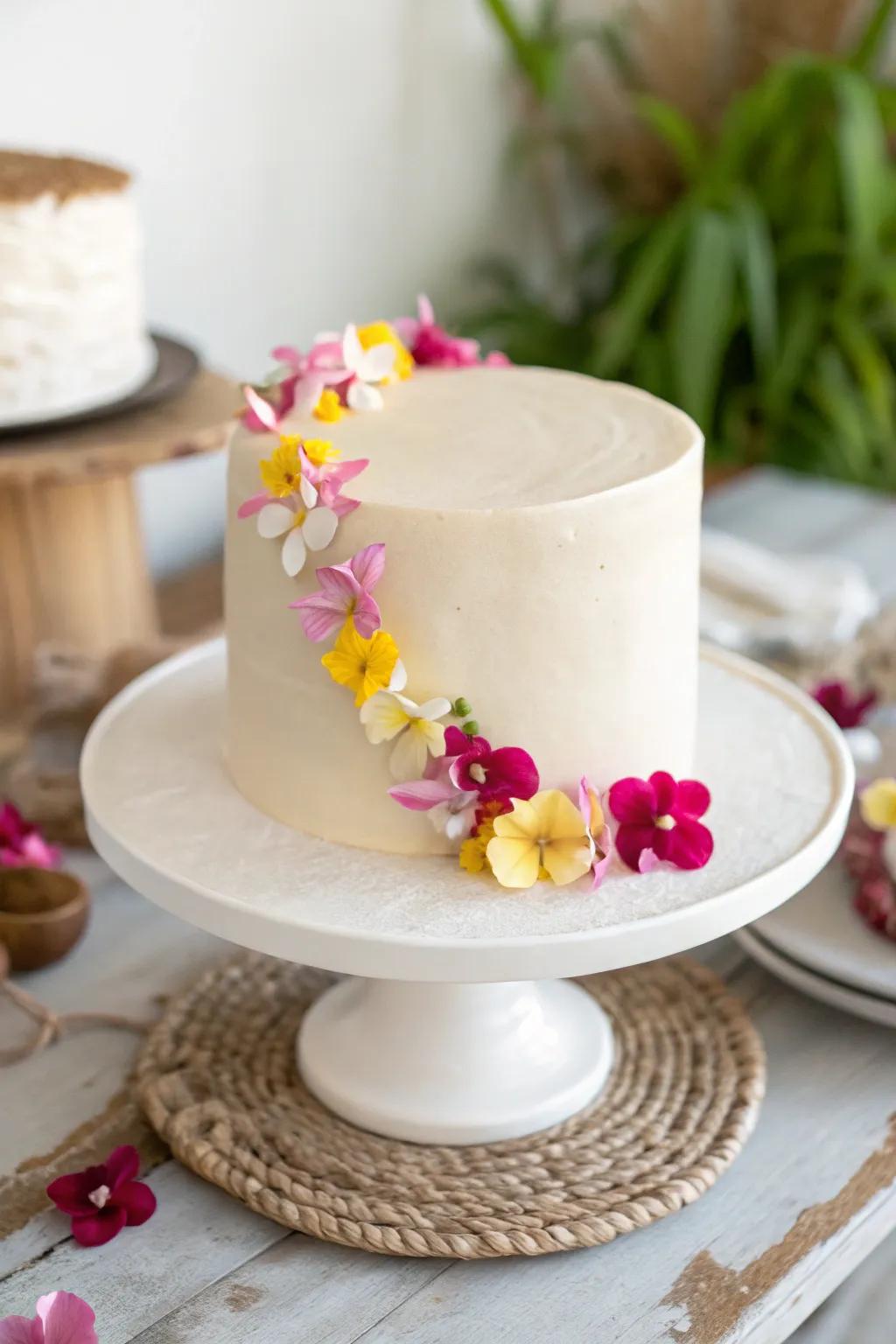 Embrace the Aloha spirit with a minimalist cake adorned with vibrant flower leis, perfect for a touch of Hawaiian charm.
