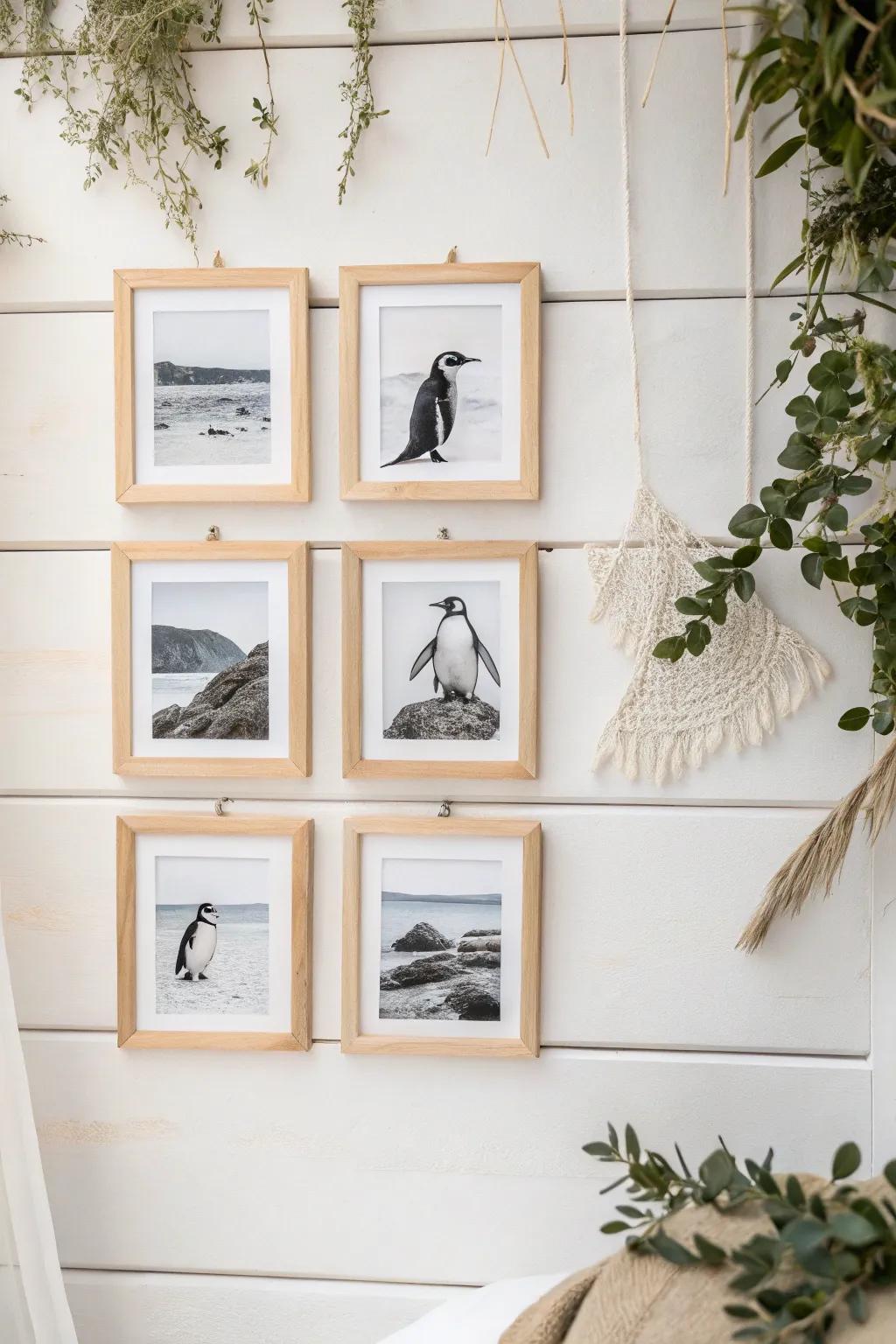Narrate the graceful journey of penguins with a minimalist photo collage that blends Scandinavian simplicity with boho charm. 🐧✨
